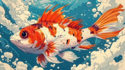 Poster - A vibrant illustration of a goldfish swimming through bubbles in a blue underwater scene.
