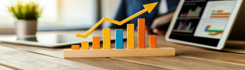 Poster - Colorful Bar Graph with Increasing Trend Arrow on Wooden Desk in Modern Office Setting Illustrating Business Growth and Success Concept