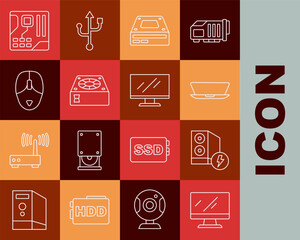 Poster - Set line Computer monitor screen, Case of computer, Laptop, Optical disc drive, cooler, mouse, Motherboard digital chip and icon. Vector