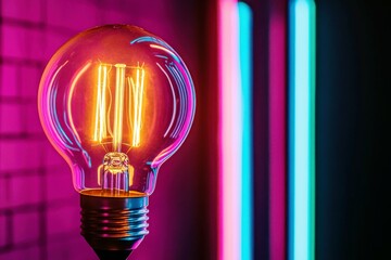 Poster - Neon Light Bulb with Vintage Filament Glowing Brightly in a Colorful Background of Purple and Blue Neon Strips for Modern Decor and Creative Ideas