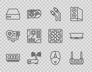 Poster - Set line RAM, random access memory, Router wi-fi signal, LAN cable network internet, Server, Data, Web Hosting, Motherboard digital chip, Computer mouse and Laptop icon. Vector