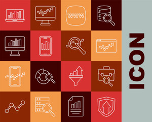 Poster - Set line Financial growth, Work search, Graph chart infographic, Website template, Mobile with, Monitor, Laptop and Search data analysis icon. Vector