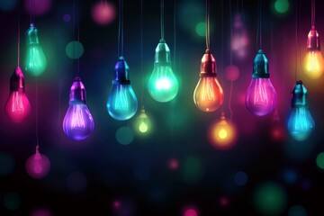 Poster - Vibrant Hanging Light Bulbs with Colorful Glows Against a Dark Background, Creating a Playful and Lively Atmosphere for Festive Occasions