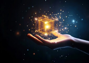 Poster - Hands Holding a Glowing 3D Cube Surrounded by Stars and Particles in a Mystical Dark Background of Space and Light Effects