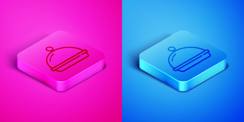 Poster - Isometric line Covered with a tray of food icon isolated on pink and blue background. Tray and lid. Restaurant cloche with lid. Kitchenware symbol. Square button. Vector