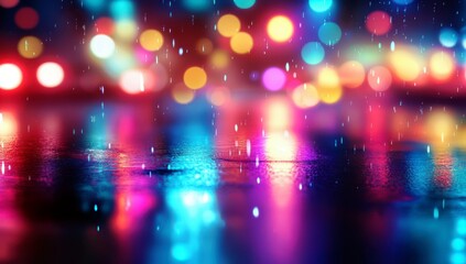Poster - Colorful Bokeh Lights Reflected on Wet Surface During Rain, Creating a Dreamy and Atmospheric Night Scene, Soft and Vibrant Hue Blurriness
