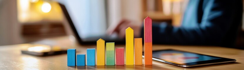 Poster - Colorful Wooden Bar Graph and Digital Devices on a Wooden Desk in a Modern Office Environment with Blurred Background