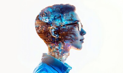 Poster - Human Profile with Digital Circuitry Overlay Representing Technology, Innovation, and the Future of Artificial Intelligence and Human-Computer Interaction