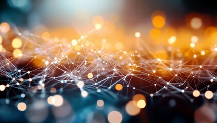 Fototapete - Abstract representation of a digital network with illuminated connections and glowing nodes in a blurred colorful background for technology and innovation themes