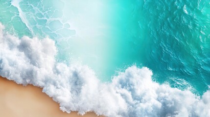 Wall Mural - Aerial view of turquoise ocean waves crashing onto a sandy beach.