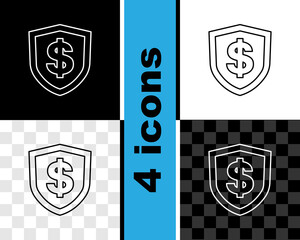Poster - set line shield with dollar symbol icon isolated on black and white, transparent background. securit