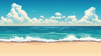 Wall Mural - Beautiful beach scene with clear blue sky and gentle waves lapping at golden sand, perfect for relaxation.