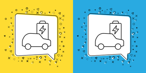 Poster - Set line Electric car and electrical cable plug charging icon isolated on yellow and blue background. Renewable eco technologies. Vector