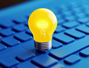 Poster - Bright Yellow Light Bulb Illuminating a Blue Keyboard Surface Symbolizing Creative Ideas and Innovative Thinking in Technology and Digital Usage