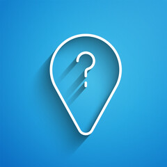 Wall Mural - White line Unknown route point icon isolated on blue background. Navigation, pointer, location, map, gps, direction, search concept. Long shadow. Vector