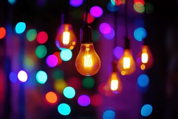 Poster - Colorful string lights with vibrant glowing bulbs illuminating a festive atmosphere, creating a magical and cheerful ambiance for celebrations and events