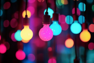 Poster - Colorful glowing light bulbs in vibrant shades of pink, blue, orange, and green hanging over a blurred background with bokeh effects