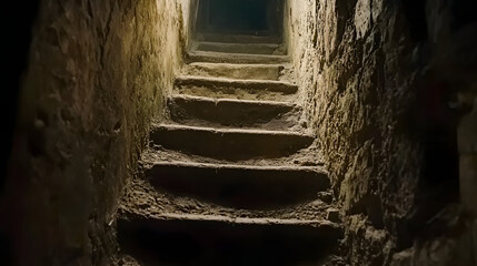 Poster - Dark tunnel with stairs leading to bright light at the end creating a sense of adventure and exploration