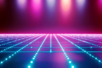 Poster - Vibrant Neon Stage Background with Colorful Lights and Glowing Grid for Dance Events, Parties, and Creative Projects
