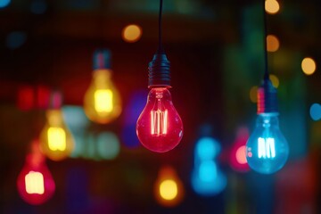 Poster - Colorful Glowing Bulbs Hanging in a Creative Space with a Blurred Background and Soft Bokeh Effect Creating a Vibrant Atmosphere for Festive Occasions