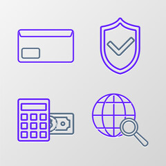 Poster - set line magnifying glass with globe, calculator dollar symbol, shield check mark and envelope icon.