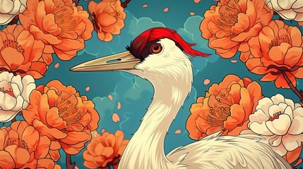 Poster - A stylized crane surrounded by vibrant flowers against a blue background.