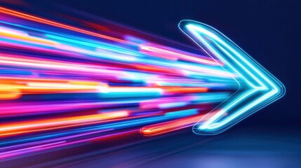 Wall Mural - Bright neon arrow with dynamic light streaks on a dark background.