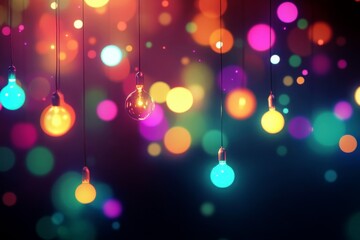 Poster - Colorful hanging light bulbs creating a vibrant bokeh background with soft glowing effects for festive events, celebrations, and decorative themes