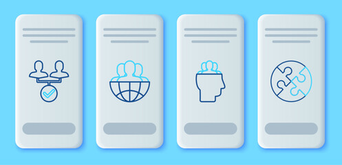 Poster - Set line Globe and people, Project team base, and Piece of puzzle icon. Vector