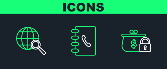 Poster - set line closed wallet with lock, magnifying glass globe and address book icon. vector