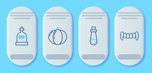 Wall Mural - Set line Pumpkin, Bottle with potion, Tombstone RIP and Vampire teeth icon. Vector
