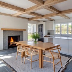 Wall Mural - A cozy, modern kitchen and dining area featuring wooden beams, a fireplace, and a simple, elegant table set for gatherings.