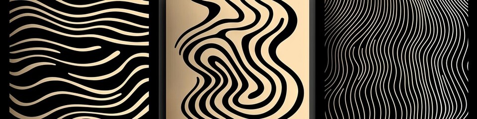 Wall Mural - Abstract Tripartite Wave Pattern Design in Black and Beige