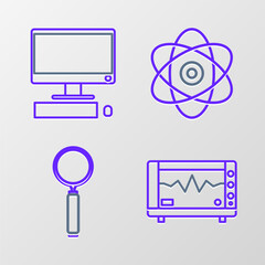 Poster - Set line Computer monitor with cardiogram, Magnifying glass, Atom and keyboard and mouse icon. Vector