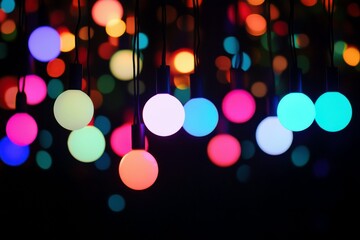 Poster - Bright and Colorful Decorative Light Bulbs Hanging on a Dark Background Creating a Vibrant and Festive Atmosphere for Celebrations or Events