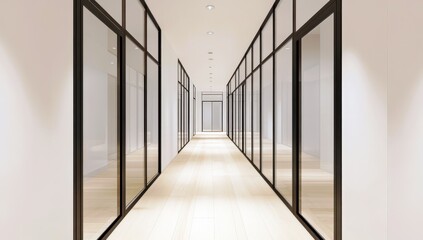 Poster - Modern Office Corridor with Glass Walls and Bright Lighting, Minimalist Design and Clean Aesthetic for Commercial Spaces and Professional Environments