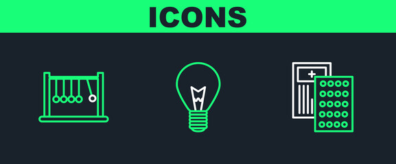 Poster - Set line Pills in blister pack, Pendulum and Light bulb with concept of idea icon. Vector