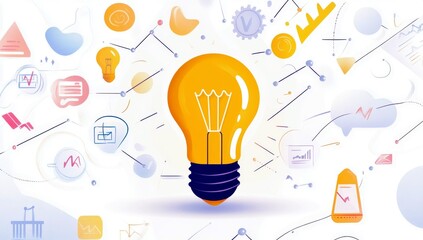 Poster - Bright Light Bulb Surrounded by Creative Ideas, Graphs, and Symbols Representing Innovation, Growth, and Inspiration in a Modern Design Style