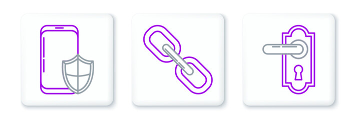 Poster - Set line Door handle, Smartphone with security shield and Chain link icon. Vector