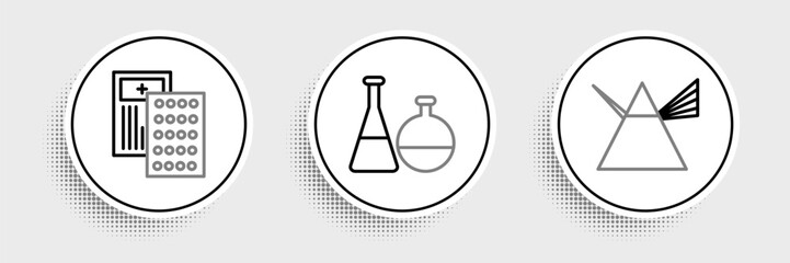 Poster - Set line Light rays in prism, Pills blister pack and Test tube and flask chemical laboratory icon. Vector