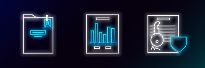 Poster - set line document with key with shield, personal folder and graph chart icon. glowing neon. vector