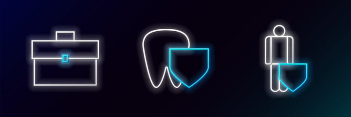 Poster - set line life insurance with shield, briefcase and tooth icon. glowing neon. vector