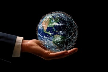 Fototapete - Hand Holding a Global Earth with Network Connections, Symbolizing Technology, Communication, and Globalization Concept in Modern Business Environment