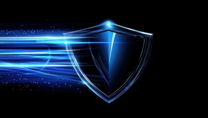 Poster - High-Tech Blue Shield with Speed Lines and Glowing Effects on a Black Background for Protection and Security Themes