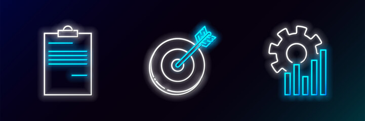 Poster - set line pie chart infographic, document and target icon. glowing neon. vector