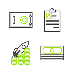 Poster - Set line Stacks paper money cash, Rocket flying up coins growth chart, Clipboard with resume and Safe icon. Vector