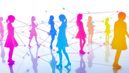 Poster - Colorful silhouettes of people interacting in a digital space with abstract connections on a bright background depicting social networking and modern communication.