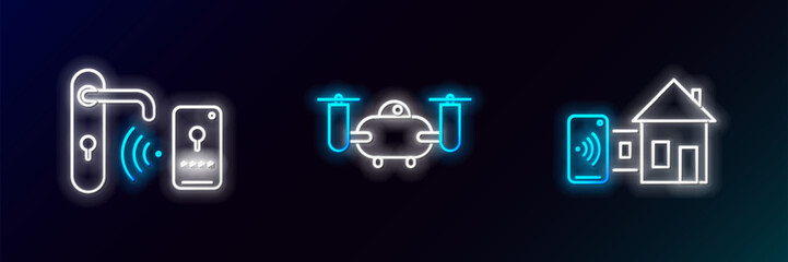 Poster - Set line Smart home, Digital door lock with wireless technology for unlock and Drone flying action camera icon. Glowing neon. Vector
