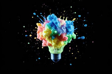 Poster - Bright Colorful Smoke Explosion in Light Bulb Against Black Background Showcasing Creative and Artistic Visualization Concept