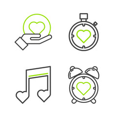 Poster - Set line Heart in the center alarm clock, Music note, tone with hearts, stopwatch and hand icon. Vector